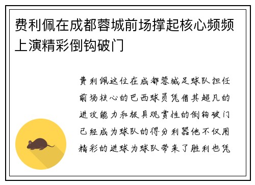 费利佩在成都蓉城前场撑起核心频频上演精彩倒钩破门 费利佩在成都蓉城前场撑起核心频频上演精彩倒钩破门